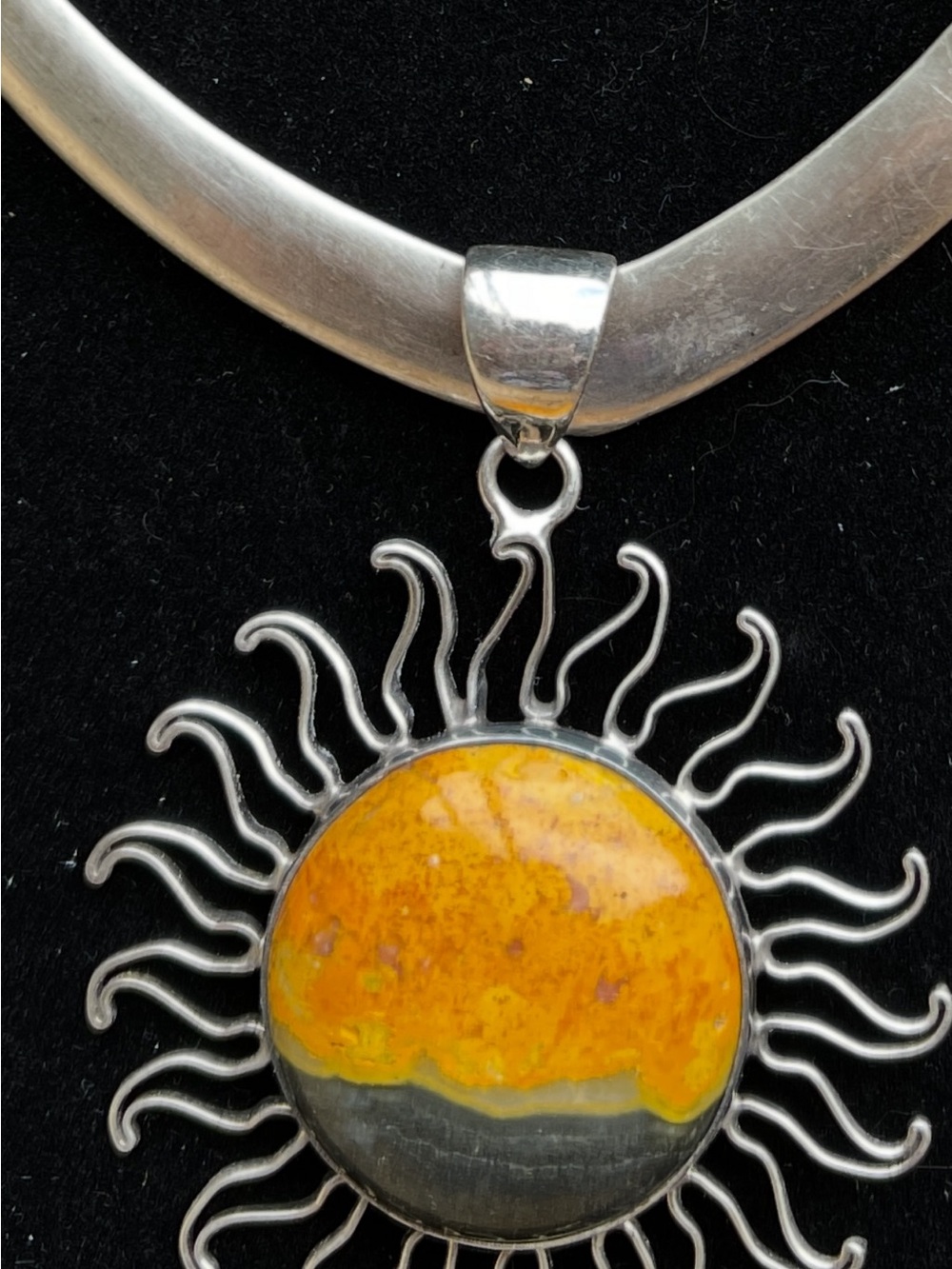 Vintage Taxco 925 Silver Collar Necklace Choker Torc Bumblebee Jasper Sunburst - Picture 2 of 8